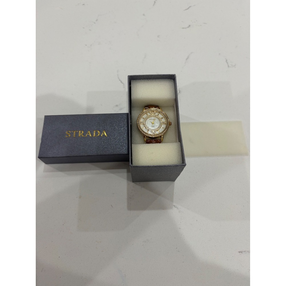 Strada Womens Gold Tone Crystal Watch Brown Embossed Japanese Quartz 2219029